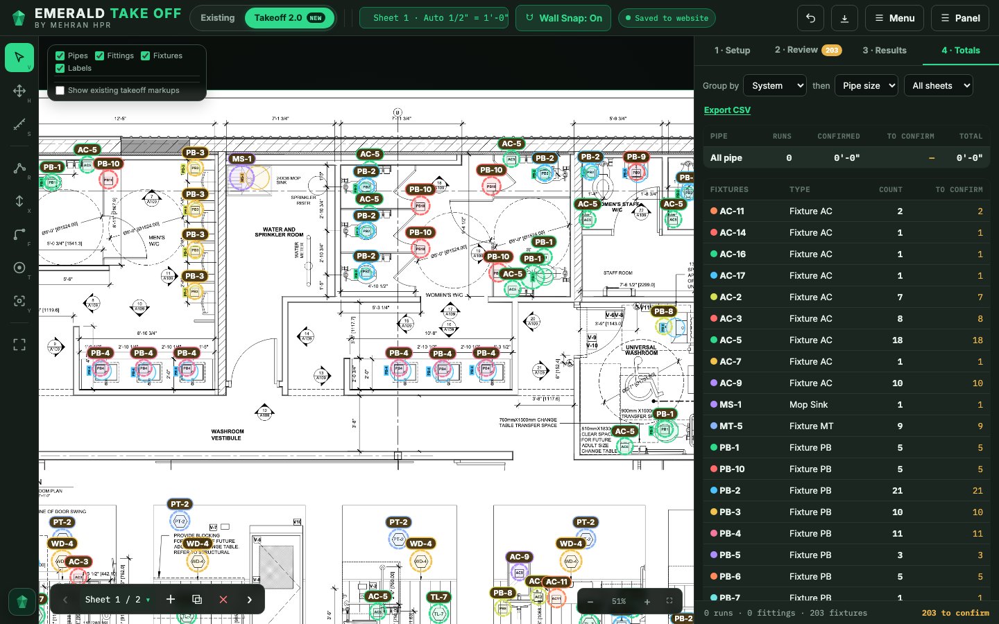 Emerald Take Off showing a floor plan with detected fixtures, pipe runs and a priced fixture list